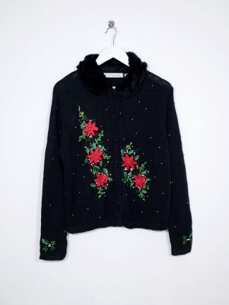 Faux Fur Collar Floral Christmas Cardigan